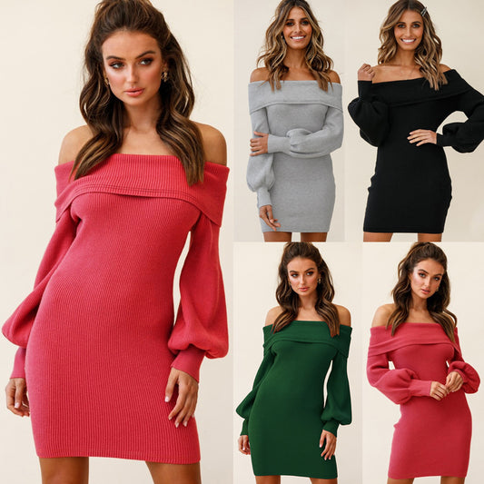 Knit Off Shoulder Lantern Sleeve Dress