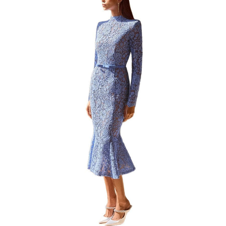 Slim Fit Slimming See-through Lace Hollow Belt Long Sleeve Fishtail Dress
