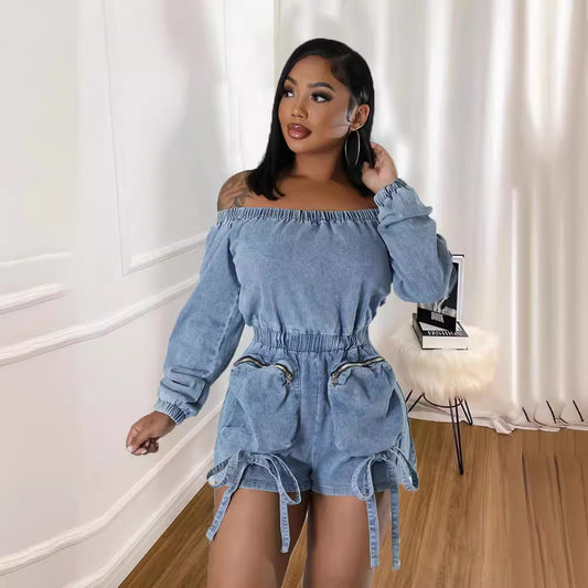 Women's Pocket Denim Sexy Wash Short Wrapped Chest Elastic Waist Jumpsuit