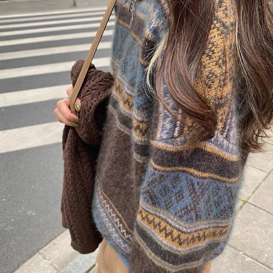 Retro Crew Neck Woolen Sweater For Women Thick Loose Idle Style