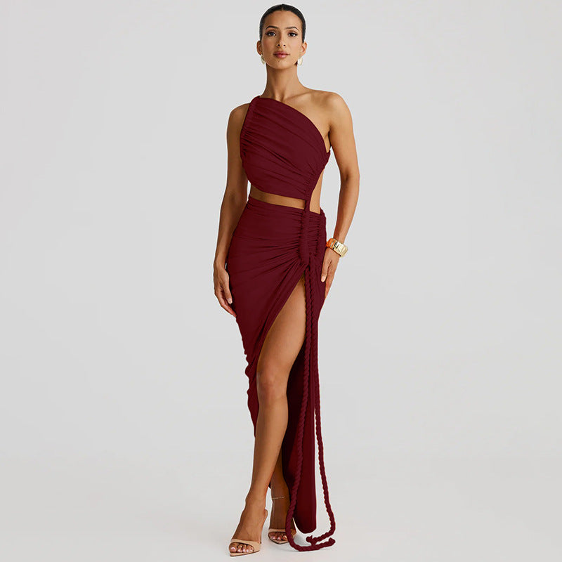 Fashion One Shoulder Tube Top Backless Hollow Tether Ruched Dress