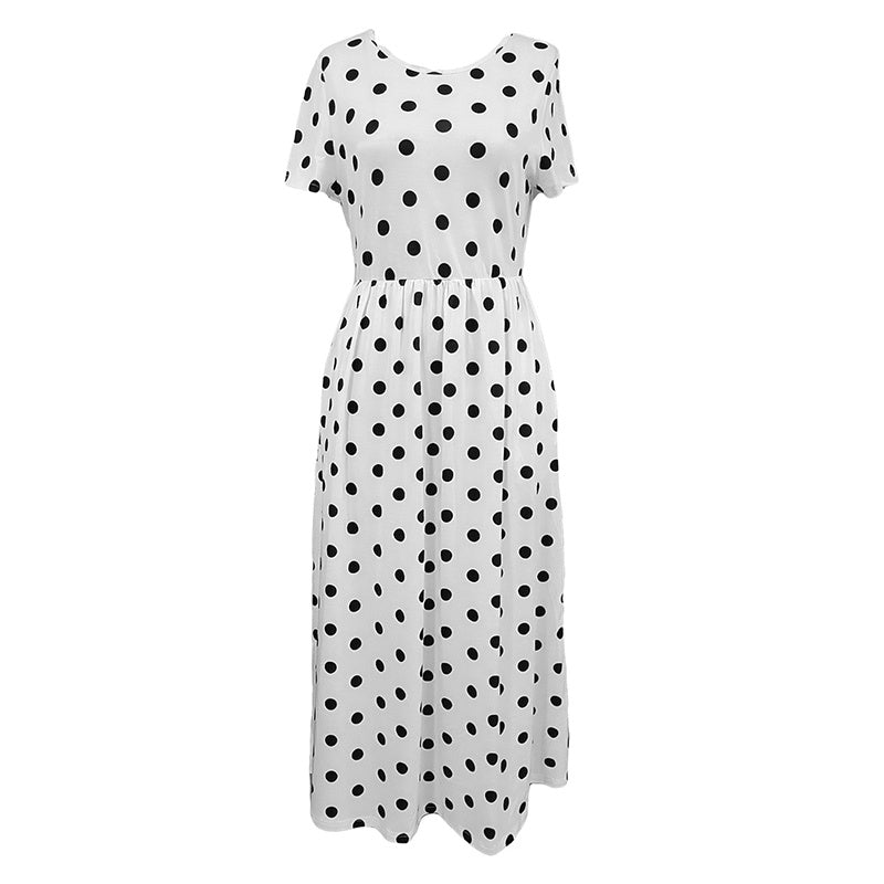 Women's Summer Short Sleeve Polka Dot Print Long Dresses Casual Beach Sundress With Pockets