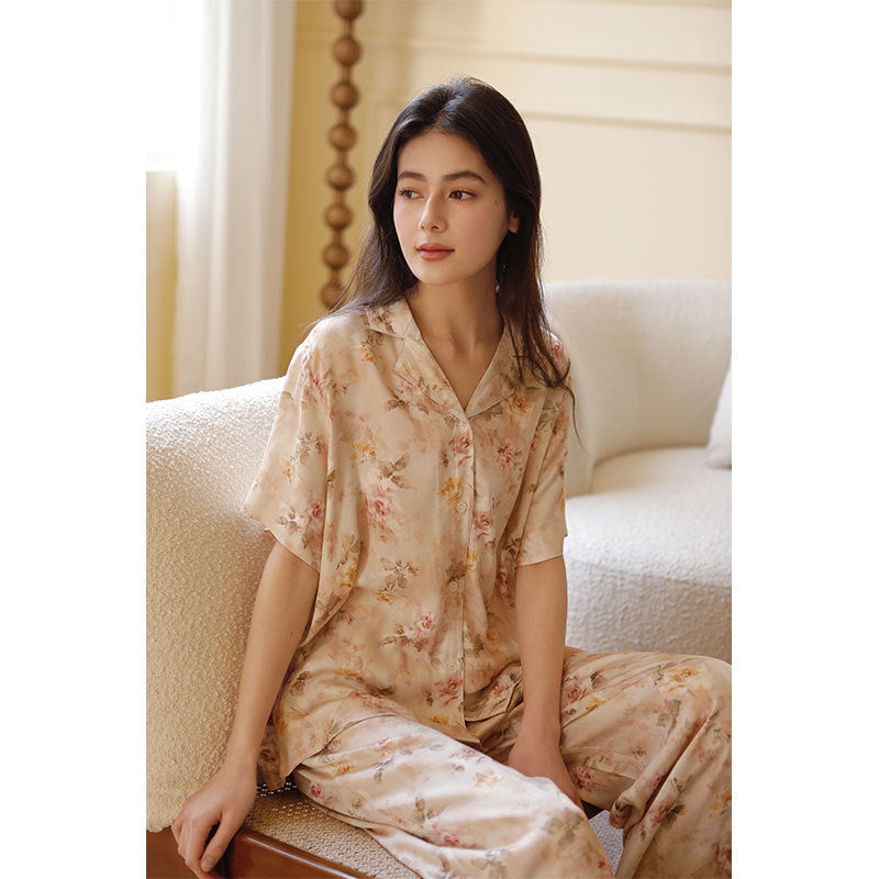 Cotton Satin Romantic Adenium Obesum Printing Lapel Pajamas Suit